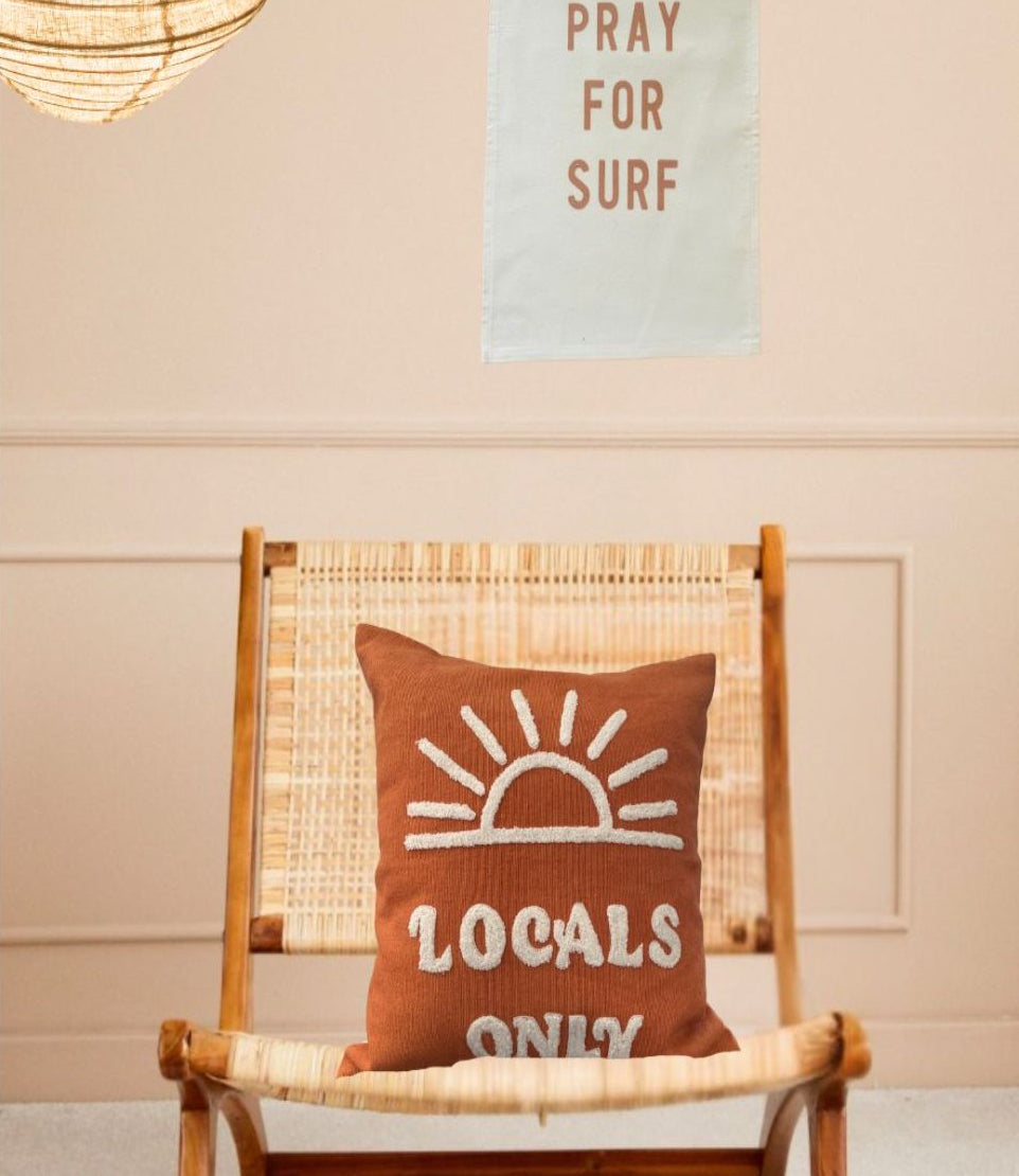 Wall Hanging for decoration in children's room. Pray For Surf bronze writing on canvas with bronze eyelets to hang on wall.