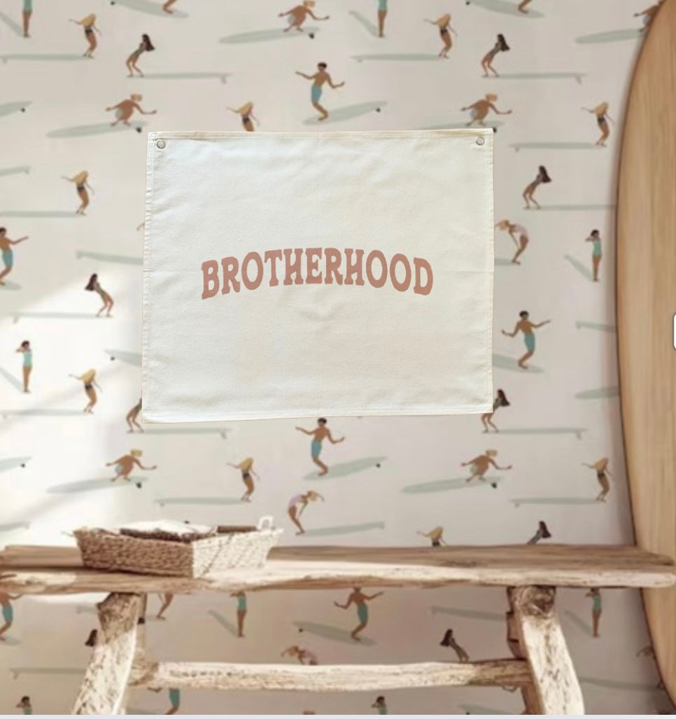 Wall Banner for your little boys room, Brotherhood bronze writing on canvas.