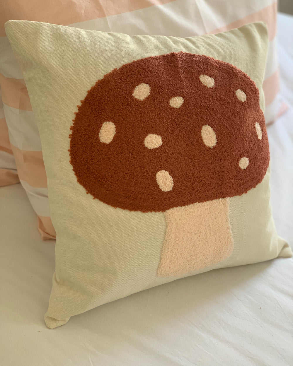 Cotton Canvas tufted mushroom cushion with pocket at the back for holding fairy letters