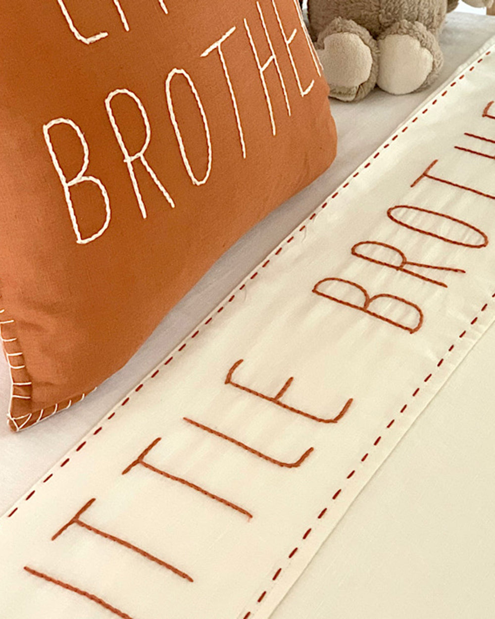 Litte Brother Cot Sheet Flat Cotton Ivory with  Tan Hand Stitched Embrodery