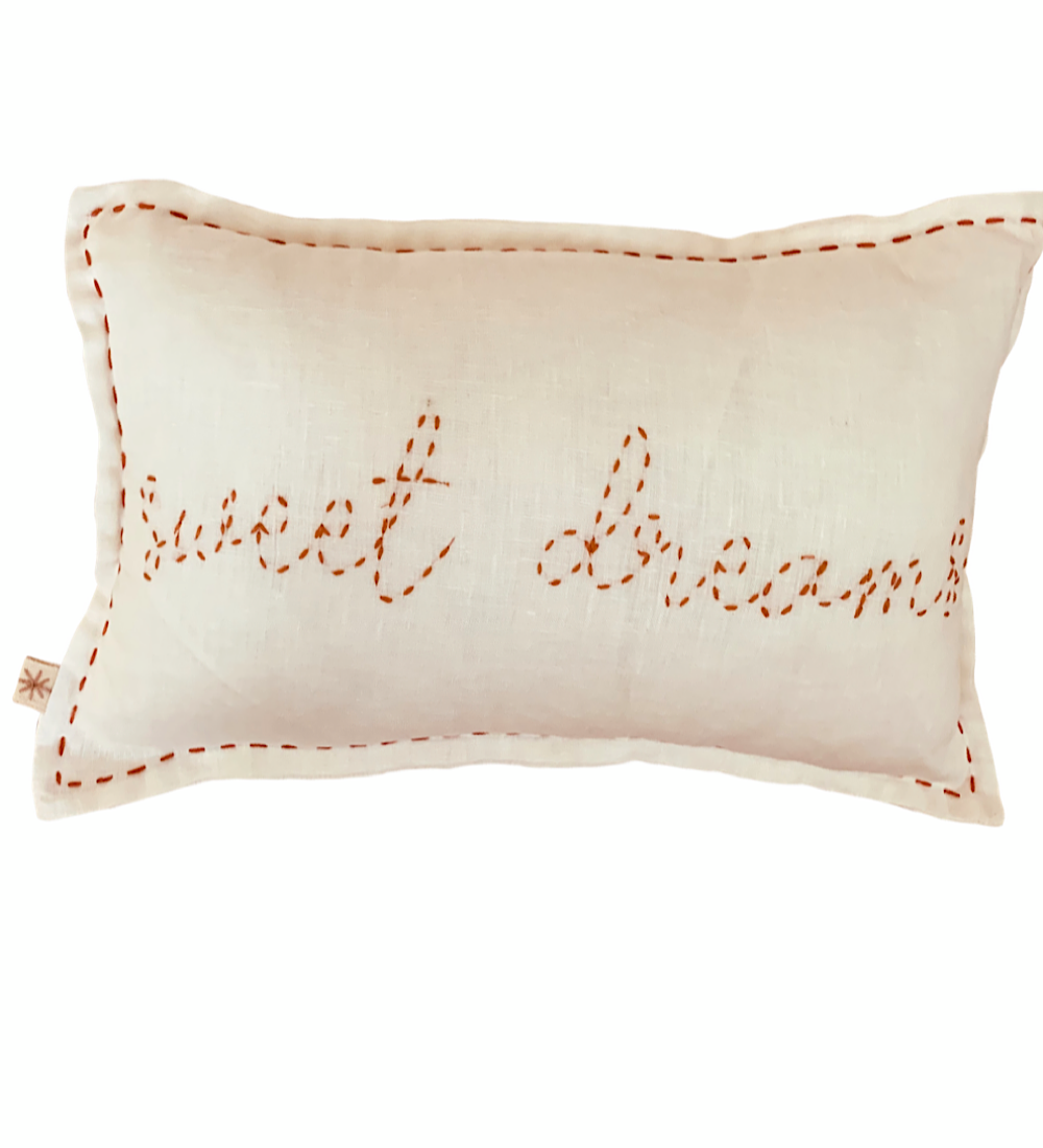 Sweet Dreams Linen Cushion Natural Ivory with Tan /Rust Hand Embroidery 30cm x 50cm