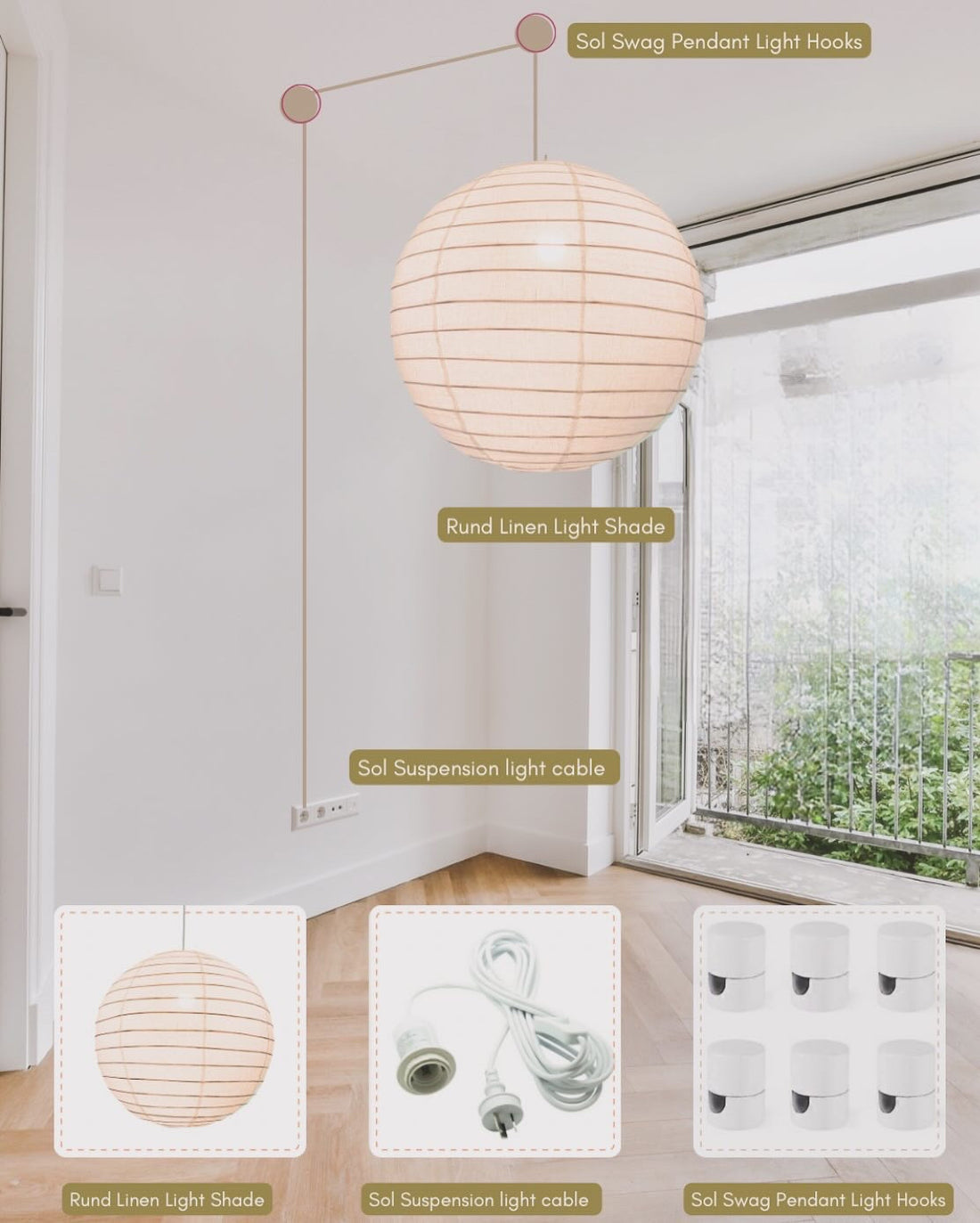 Swag our linen Pendant lights. No need for an electrician