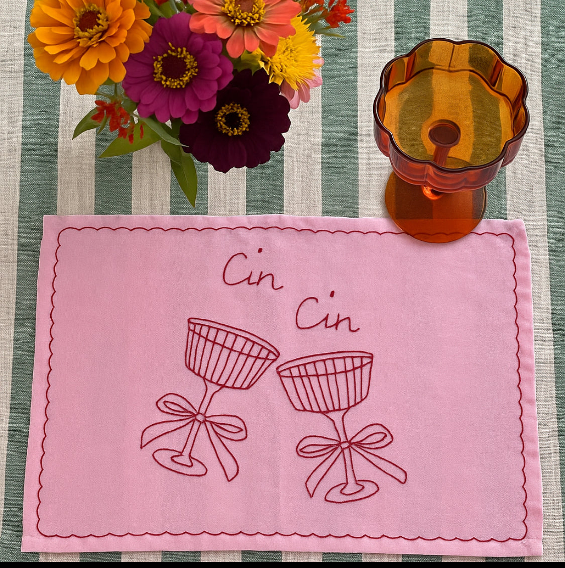 Cin Cin Linen Placemat with Glasses in Raspberry and Rose