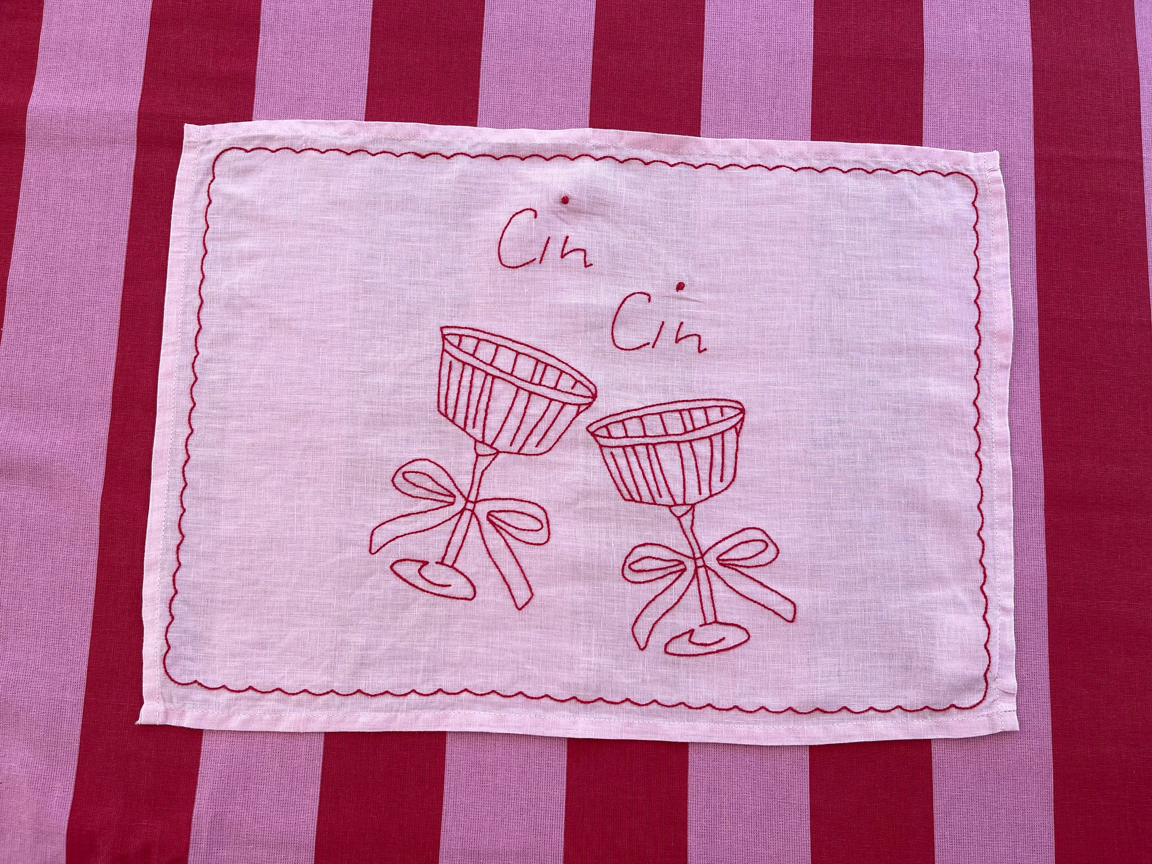 Cin Cin Linen Placemat with Glasses in Raspberry and Rose