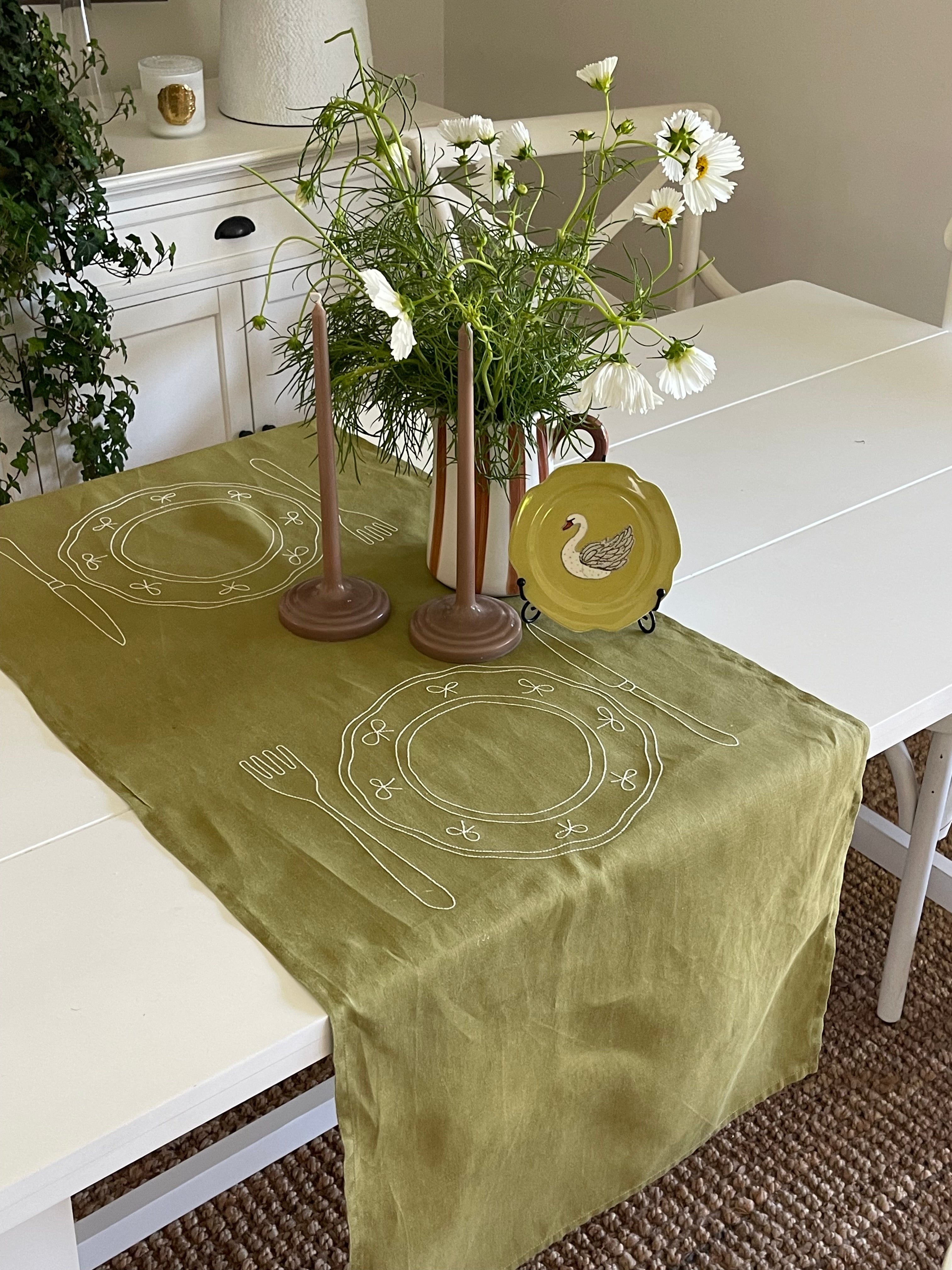 Duo Placemat - Linen Double Plate Design Olive and White