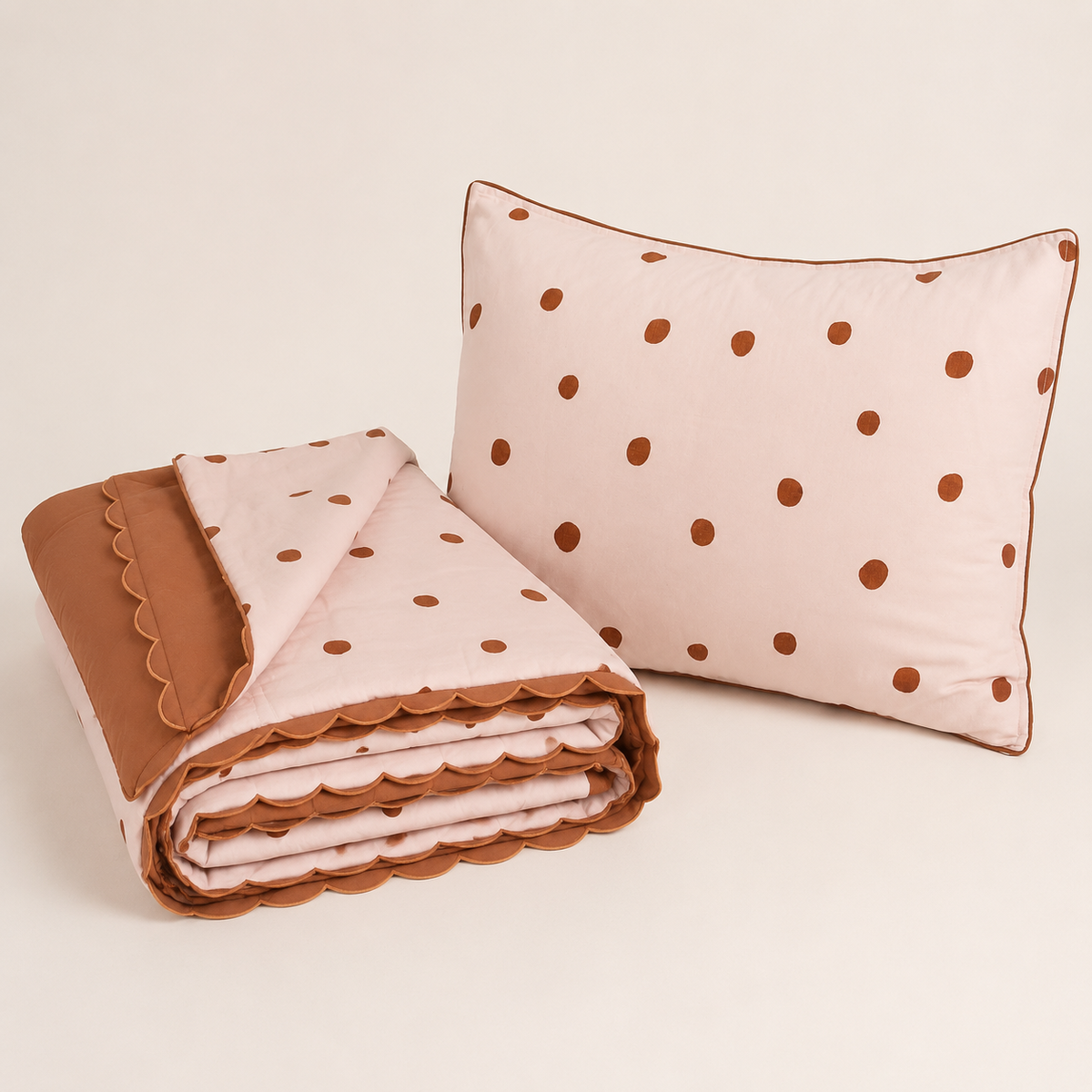 Quilt  Coverlet Polka Dot Pink and Tan