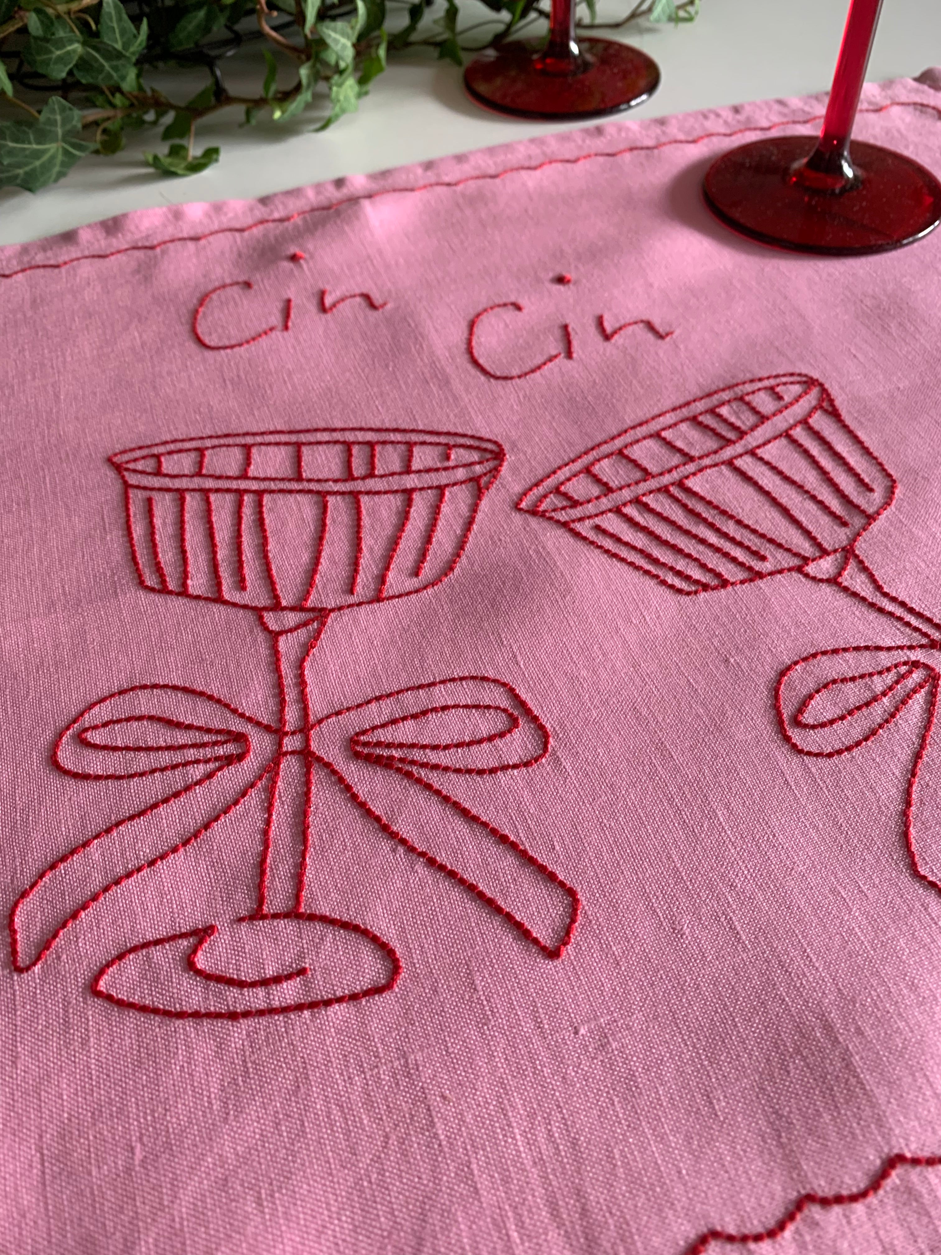 Cin Cin Linen Placemat with Glasses in Raspberry and Rose