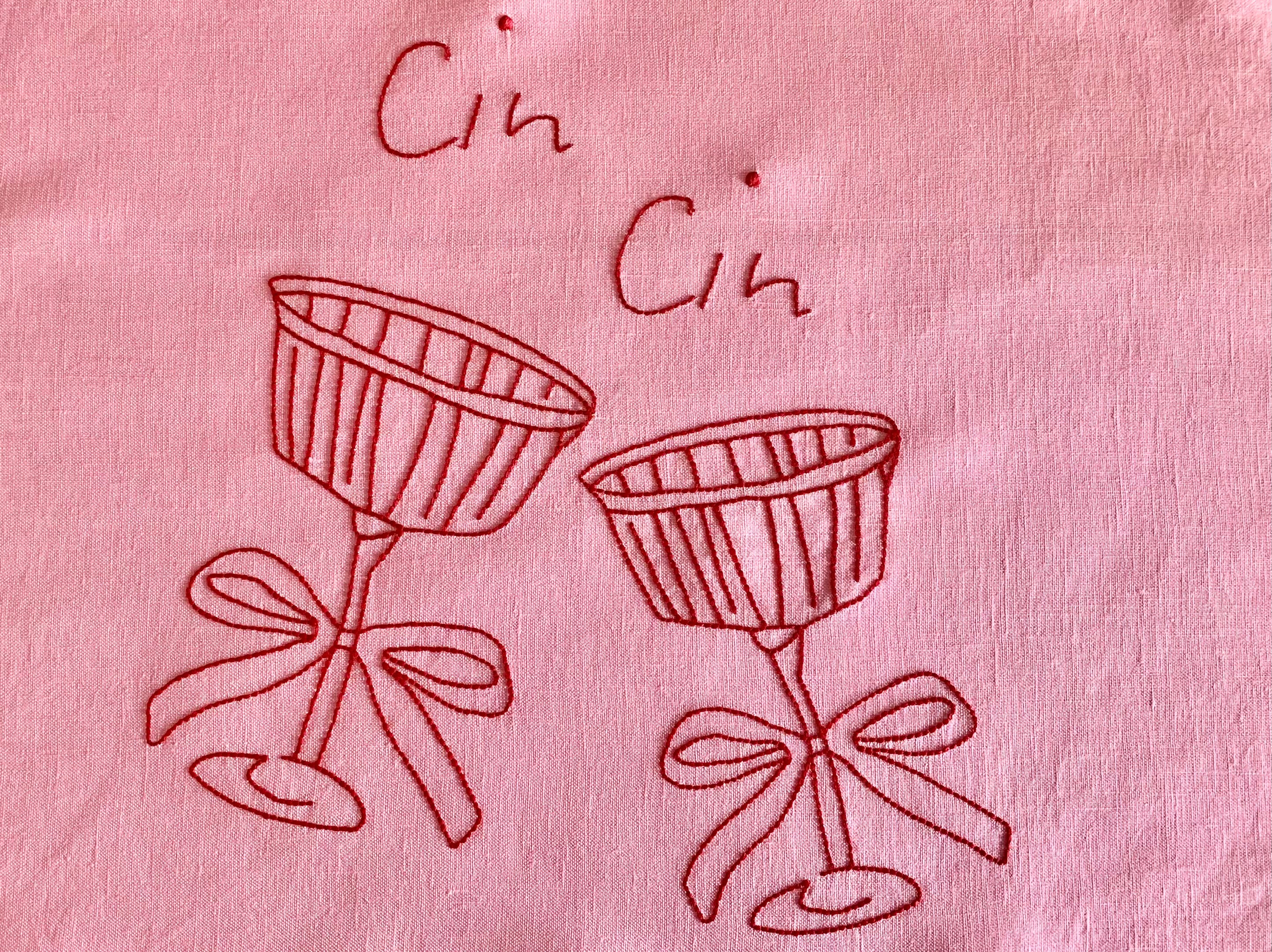 Cin Cin Linen Placemat with Glasses in Raspberry and Rose