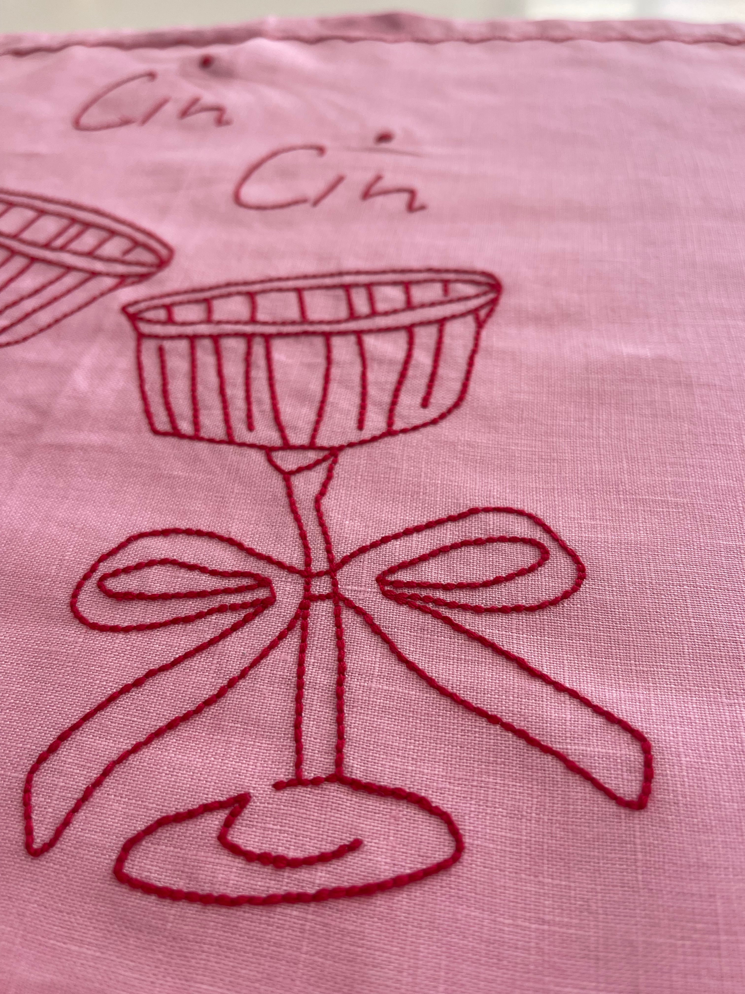 Cin Cin Linen Placemat with Glasses in Raspberry and Rose