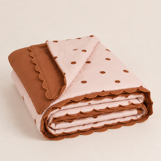 Quilt  Coverlet Polka Dot Pink and Tan