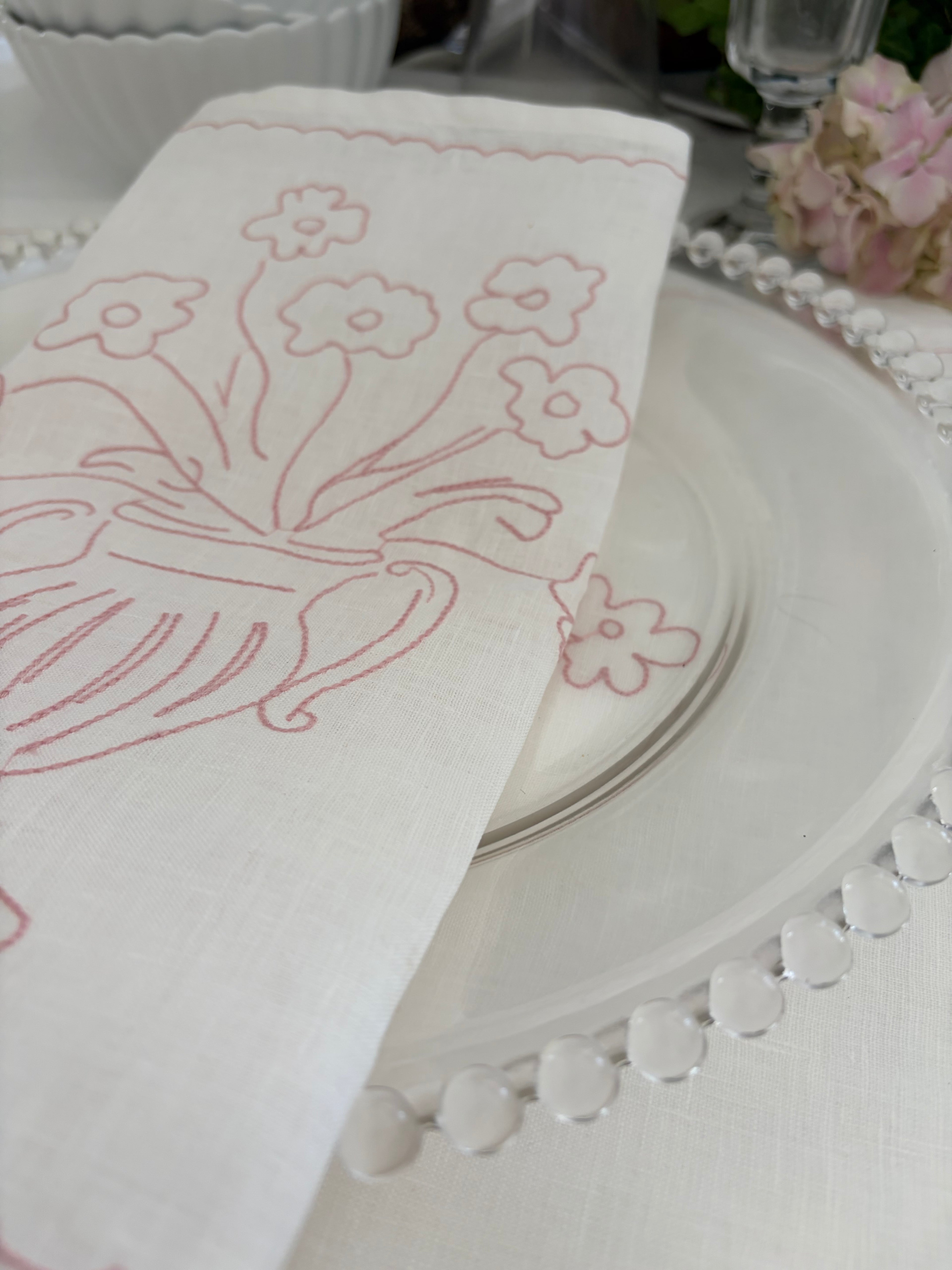 Bloom Embroidered Linen Placemat - Rose Pink -Art Meets Linen - Little Nordic Sol