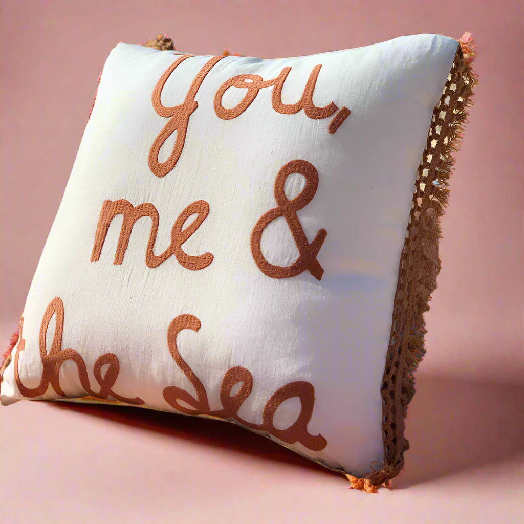 You Me and The Sea Embroidered Linen Cushion Cover