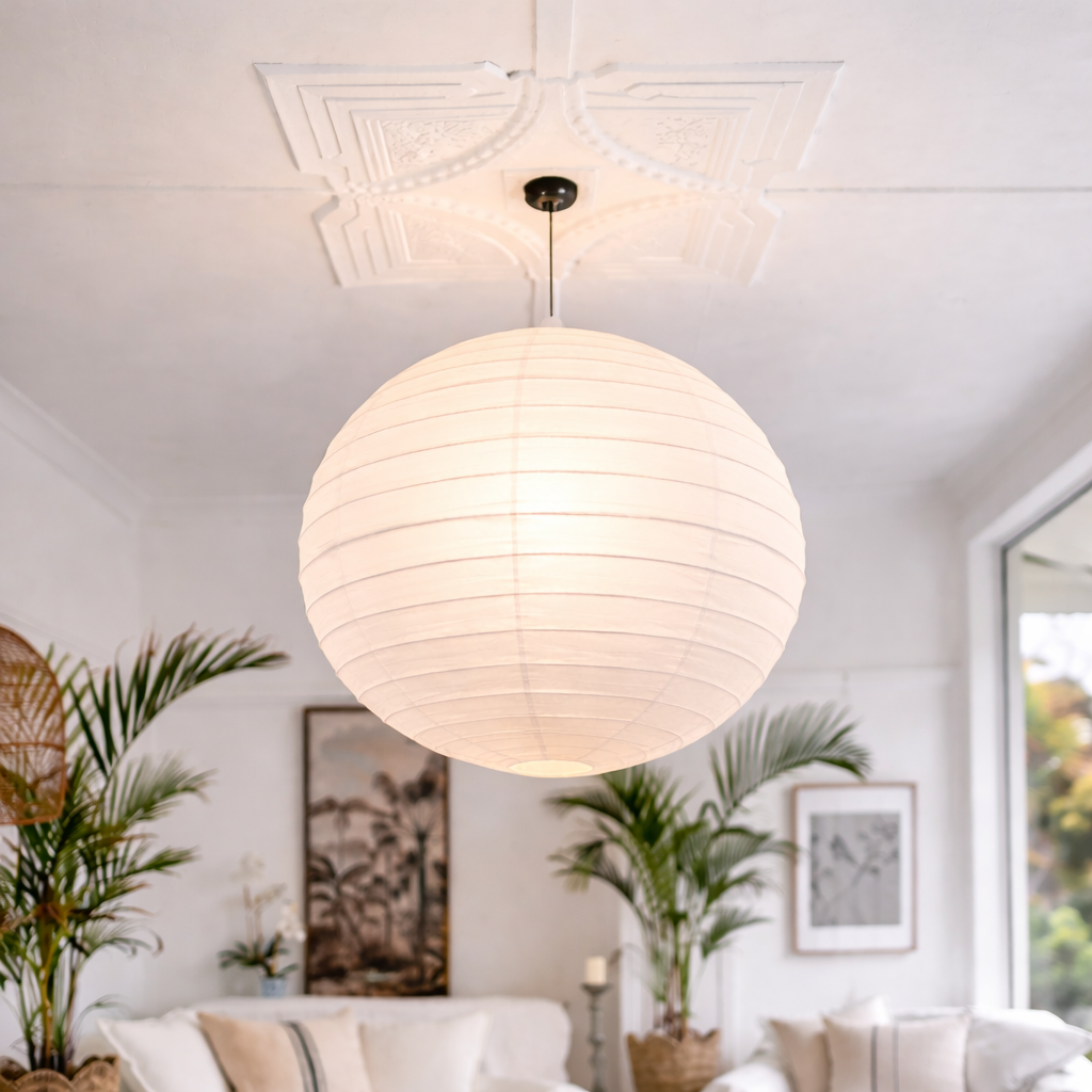 Round Organic Cotton Pendant Light – Warm White 70cm