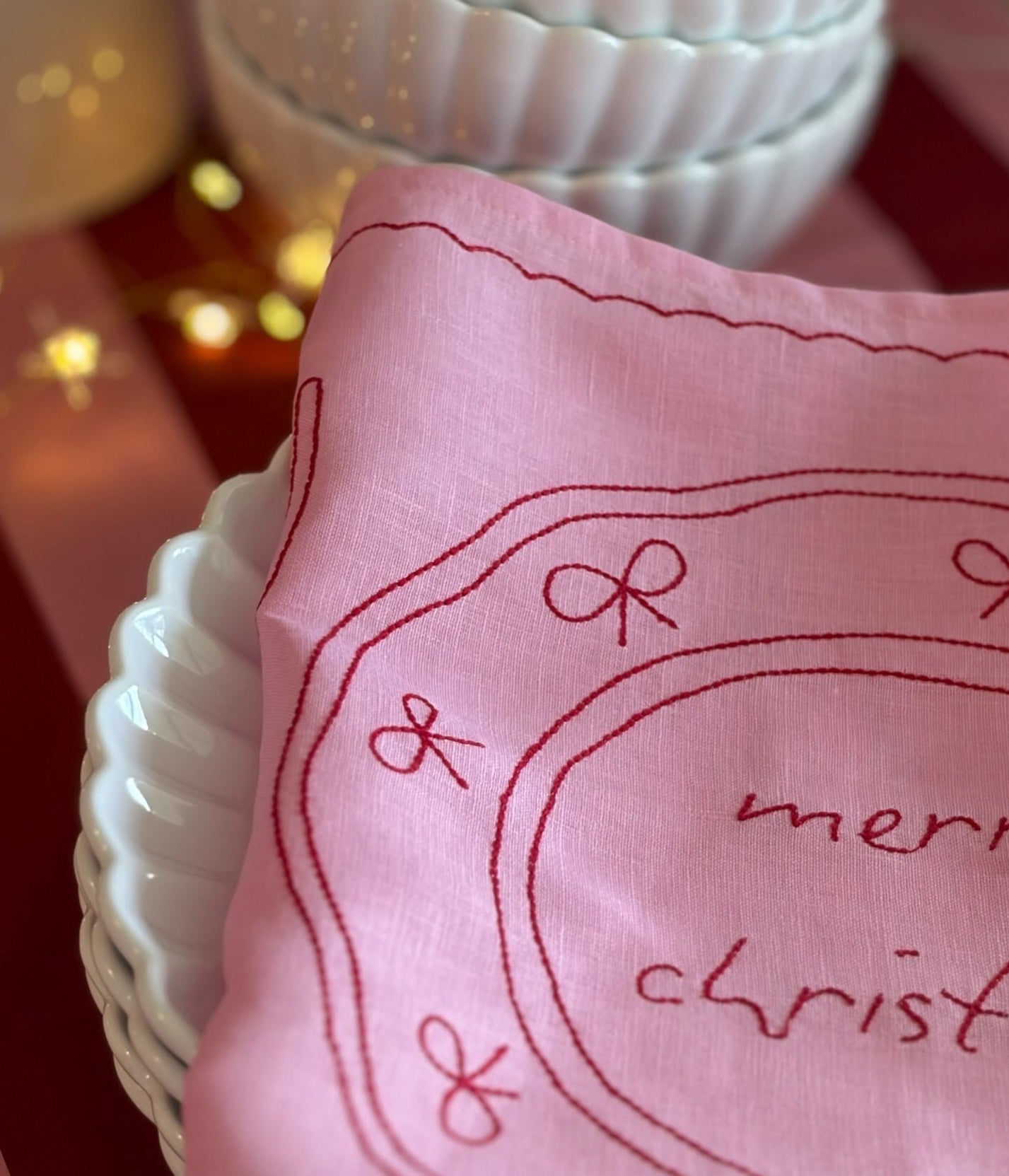 Merry Christmas  Plate - Linen Placemat Pink- Raspberry Red