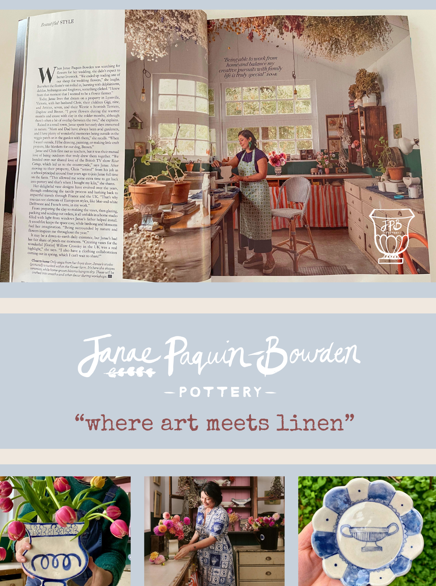 Magazine spread featuring a woman in a kitchen with Jane Paquin Bowden Pottery branding.
