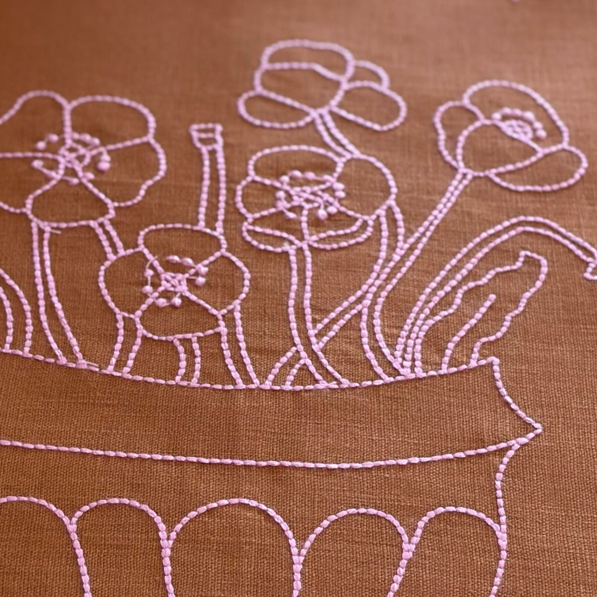 Placemat linen fabric with pink floral embroidery