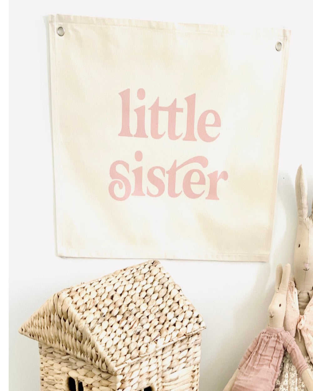 Little sister wall banner with Peach pink writing for baby gift. decor for little girls room.