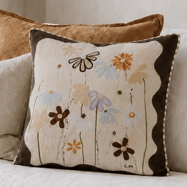 Little Nordic Sol Lost in You cushion featuring original Ella Martin floral artwork with contrasting dark scalloped border