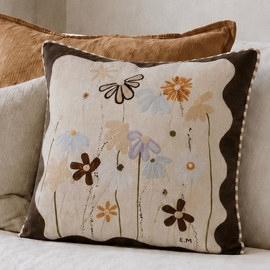Little Nordic Sol Lost in You cushion featuring original Ella Martin floral artwork with contrasting dark scalloped border