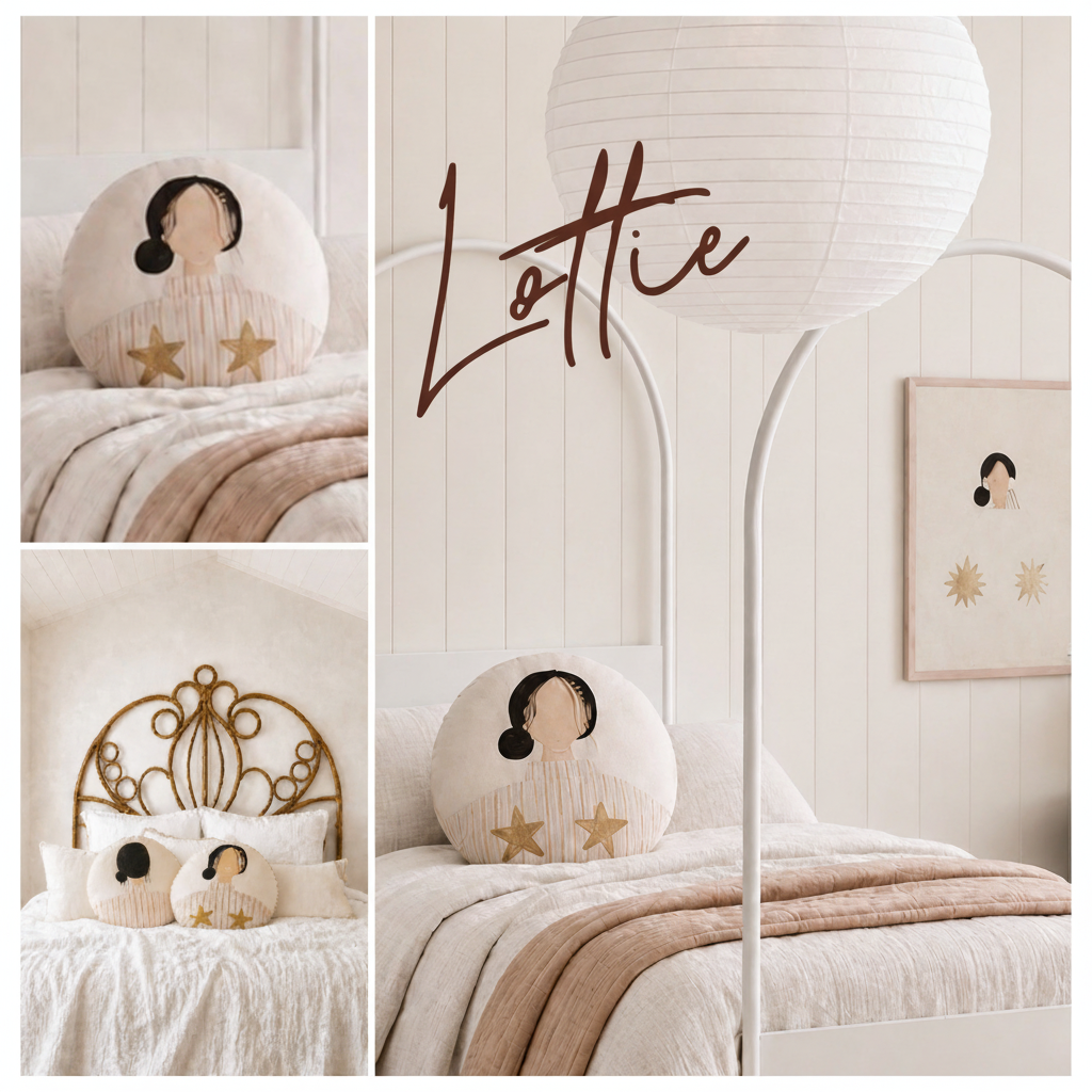 Little-Nordic-Sol - Lottie-The-Gentle-Light - lifestyle collage showing round illustrated cushion styled in a neutral children's bedroom with linen bedding and globe pendant light 