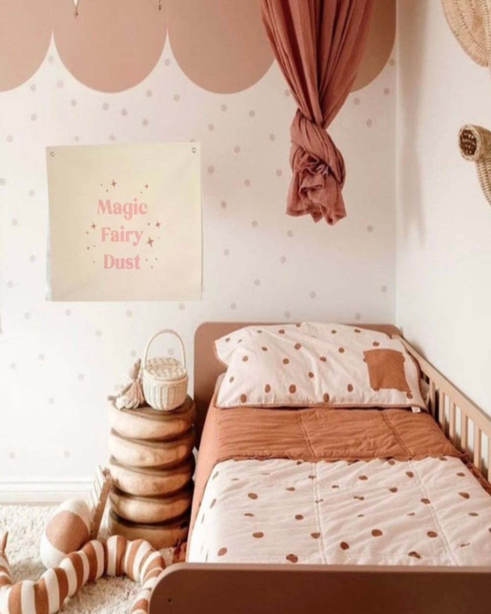 Magic Fairy Dust Canvas Wall Banner for little girls room, dusk pink writing with stars