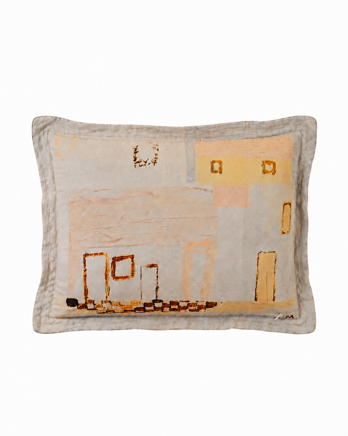 Little Nordic Sol ODYS The Wandering Soul cushion reverse featuring The Village artwork in soft Mediterranean tones