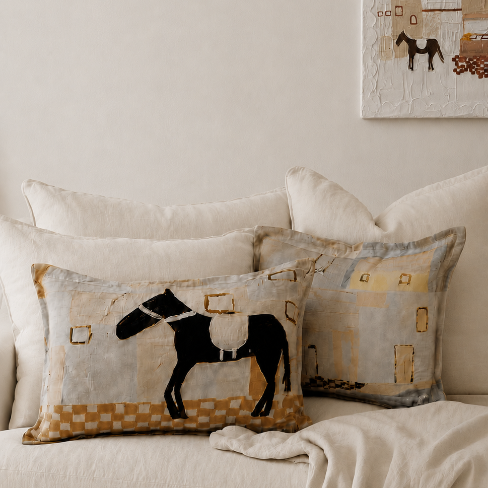 Little Nordic Sol ODYS The Wandering Soul reversible linen cushion featuring the horse and The Village artworks styled on a neutral bed