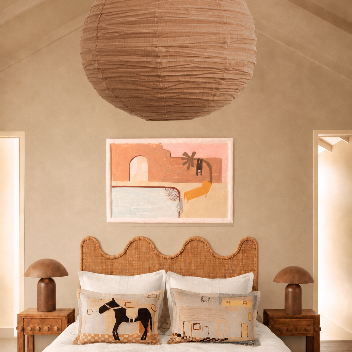Little Nordic Sol ODYS French flax linen cushion styled in a warm Mediterranean-inspired bedroom