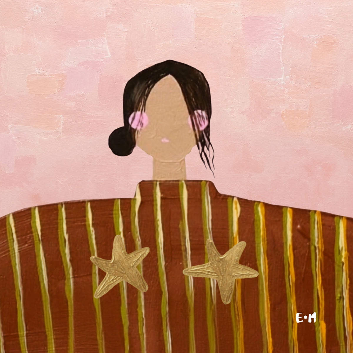 Little Nordic Sol Olive cushion artwork featuring illustrated girl, striped design and gold stars on a soft pink background