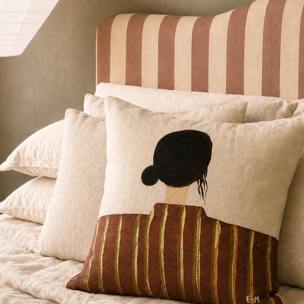 Little Nordic Sol Olive cushion back view with illustrated dark hair styled against a striped headboard
