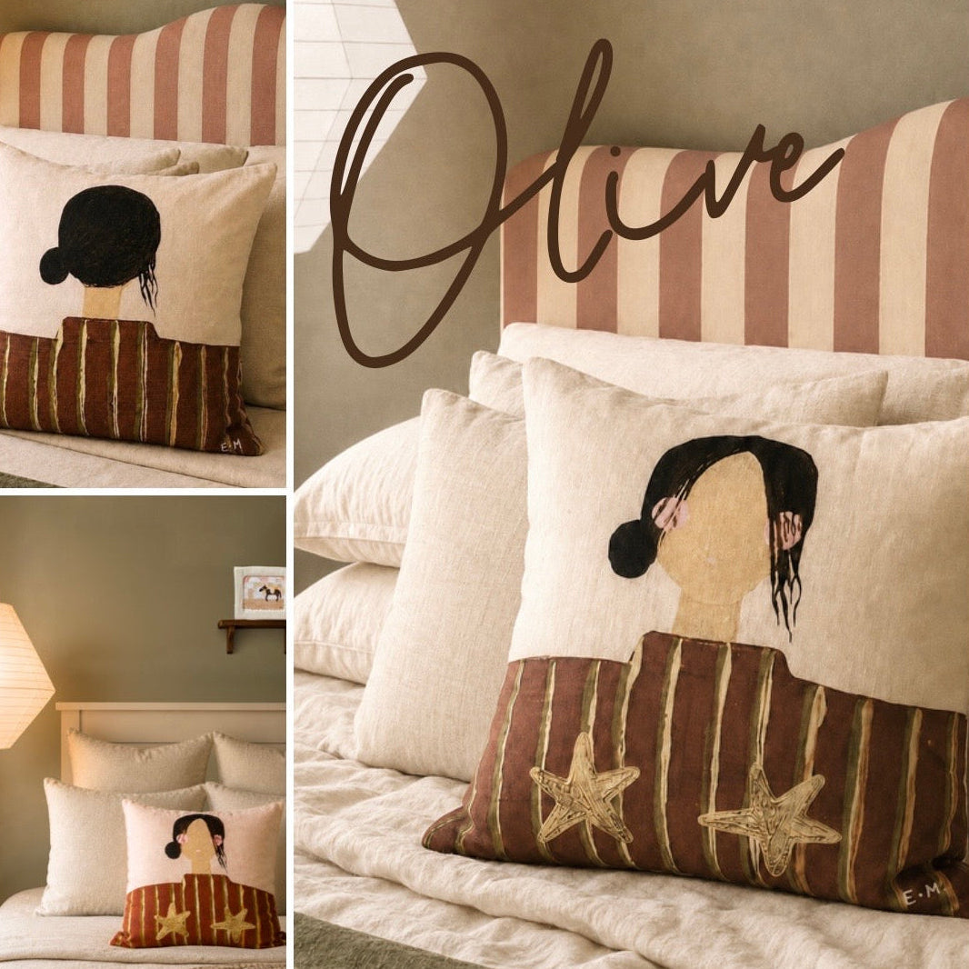 Little Nordic Sol Olive cushion lifestyle collage featuring front and back views in a softly styled bedroom