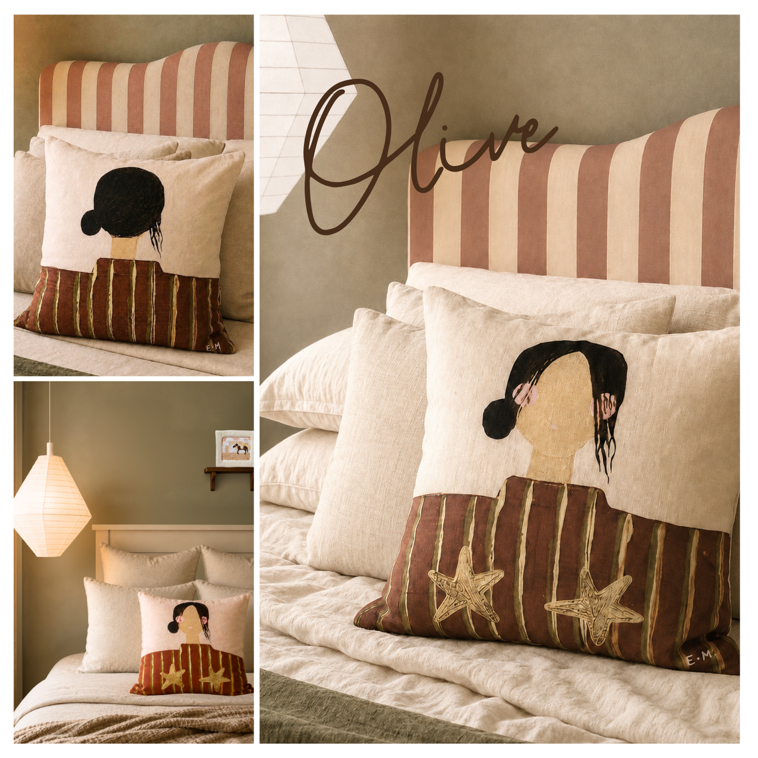 Little Nordic Sol Olive cushion lifestyle collage styled in a warm neutral bedroom with striped headboard