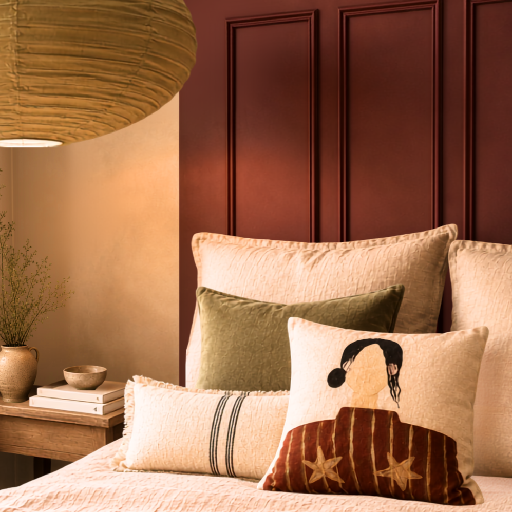 Little Nordic Sol Olive illustrated cushion with striped design and gold stars styled in a warm layered bedroom