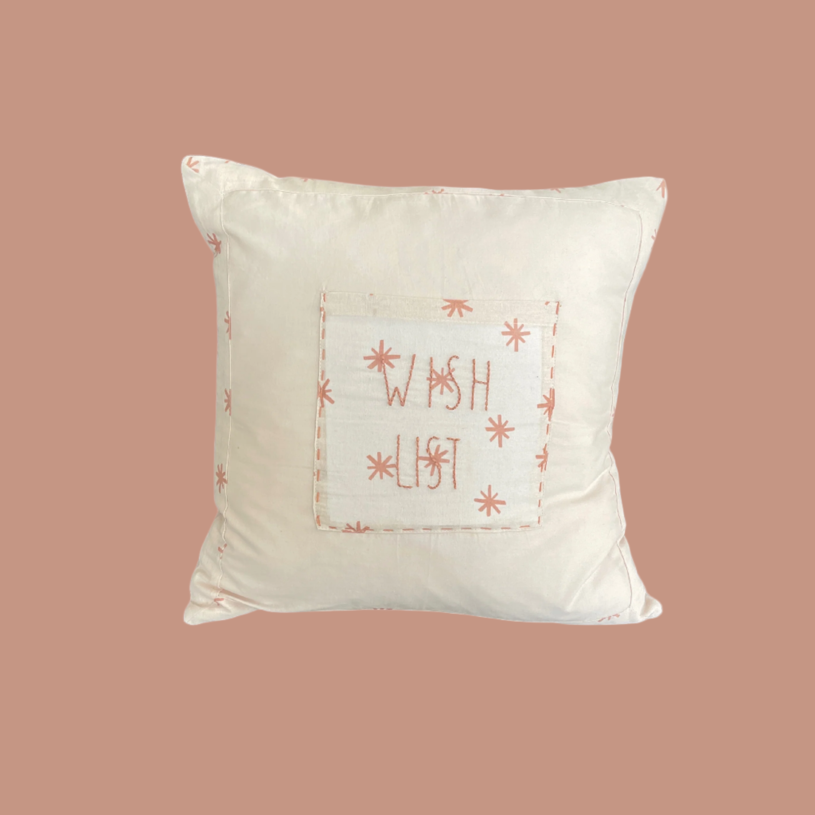 Organic Cotton Wish List pocket Cushion Cover with special message for wishes. Hand stitched detail on pocket for wishes.