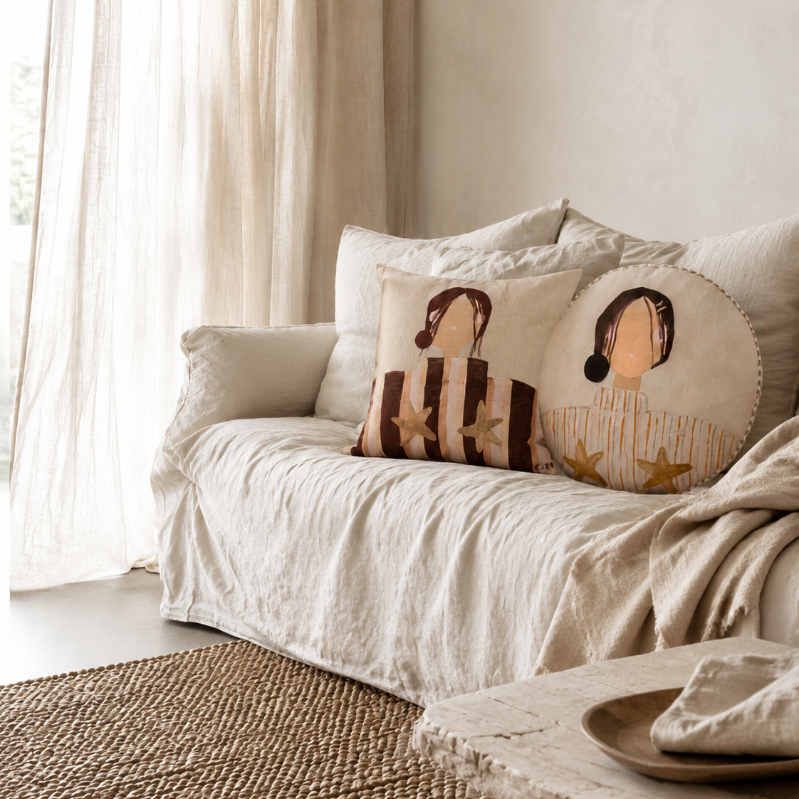 Little Nordic Sol Sadie and Sisterhood cushions styled together in a relaxed neutral living room
