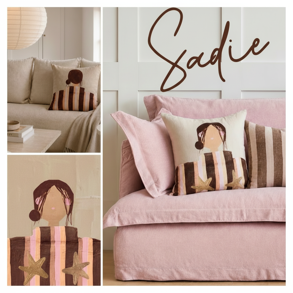 Little Nordic Sol Sadie cushion lifestyle collage styled in soft neutral and blush bedrooms