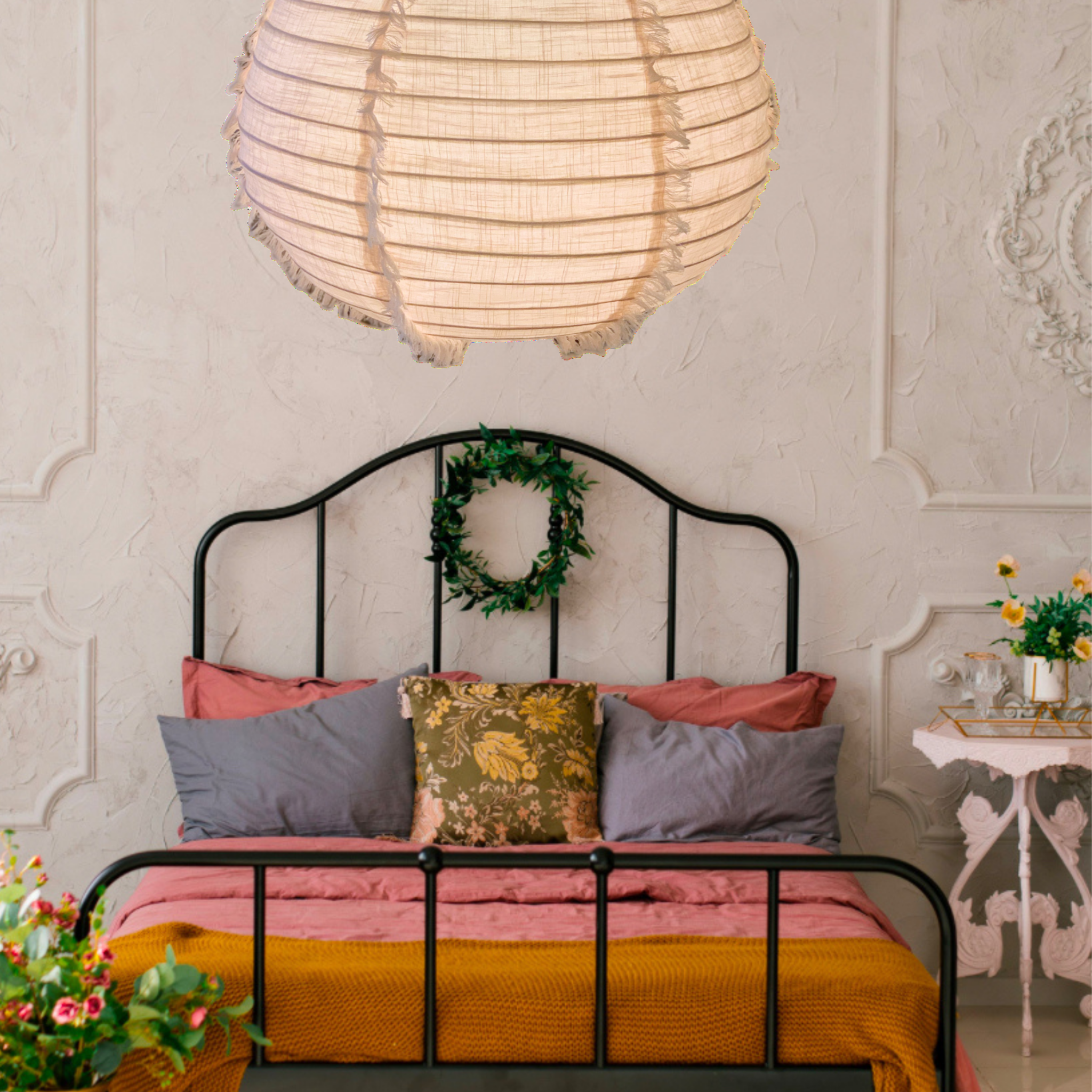 A blush pink linen light shade with a fringed edge, complements Scandinavian and coastal design.