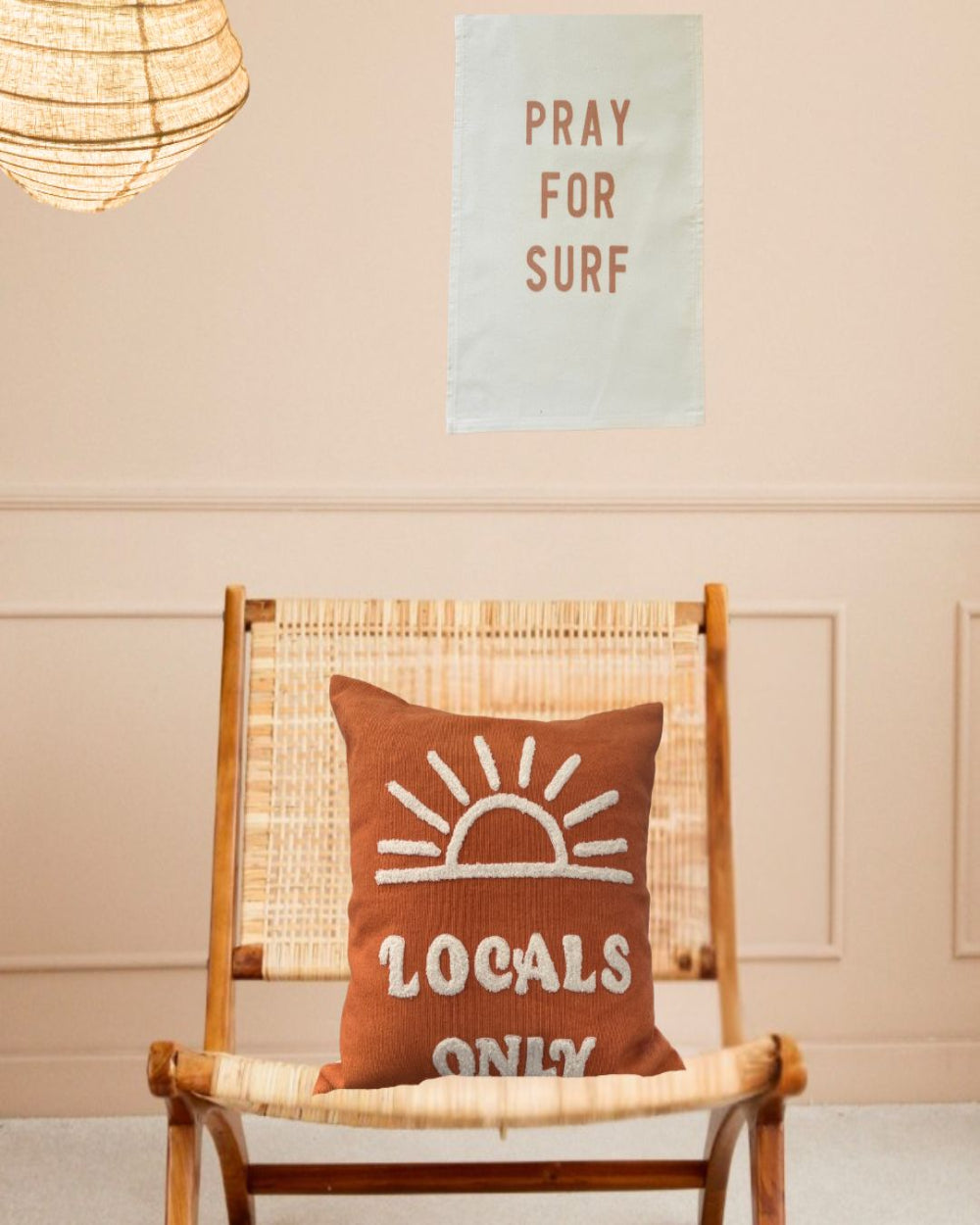 Wall Hanging for decoration in children's room. Pray For Surf bronze writing on canvas with bronze eyelets to hang on wall.