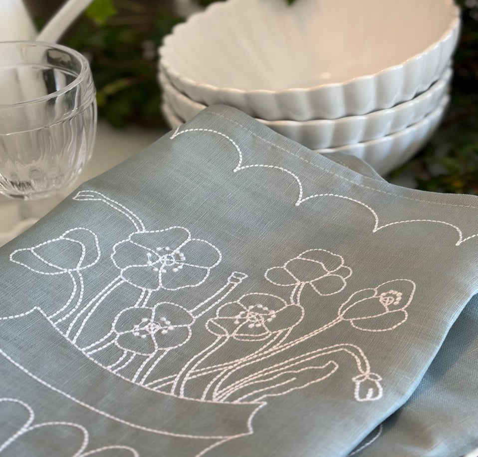 Embroidered fabric with floral patterns on a table with bowls and a glass.