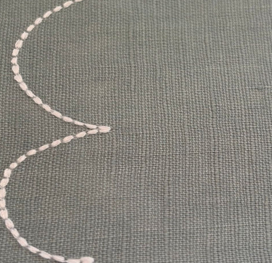 Close-up of a textured blue fabric with a thin white embroidery scalloped stitched thread running along edge