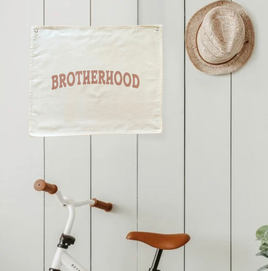 Wall decor for boys room, Brotherhood bronze writing printed on canvas with brass eyelets.