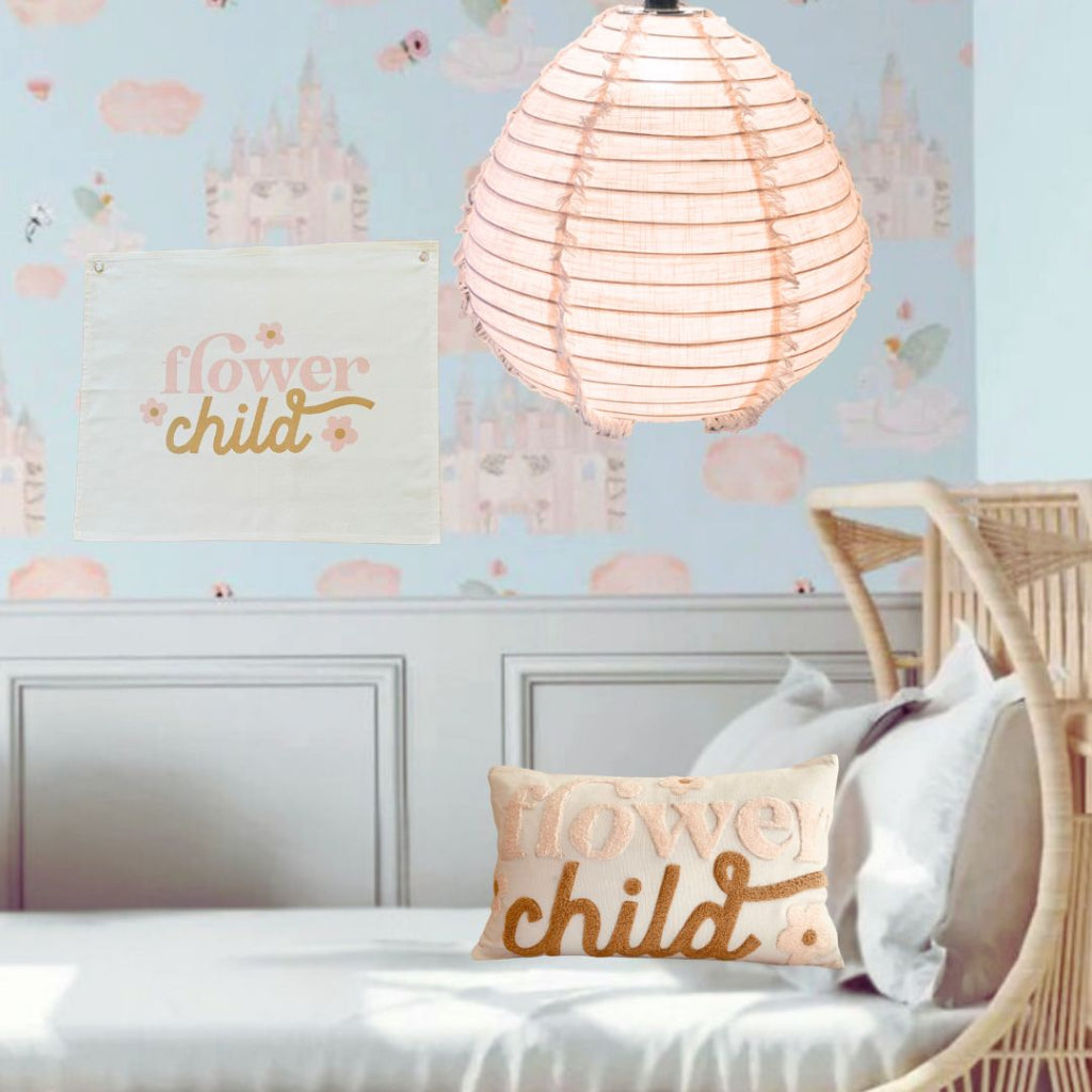 Wall banner for little girls room, Flower Child printed on canvas banner, Pink and bronze on natural canvas background.