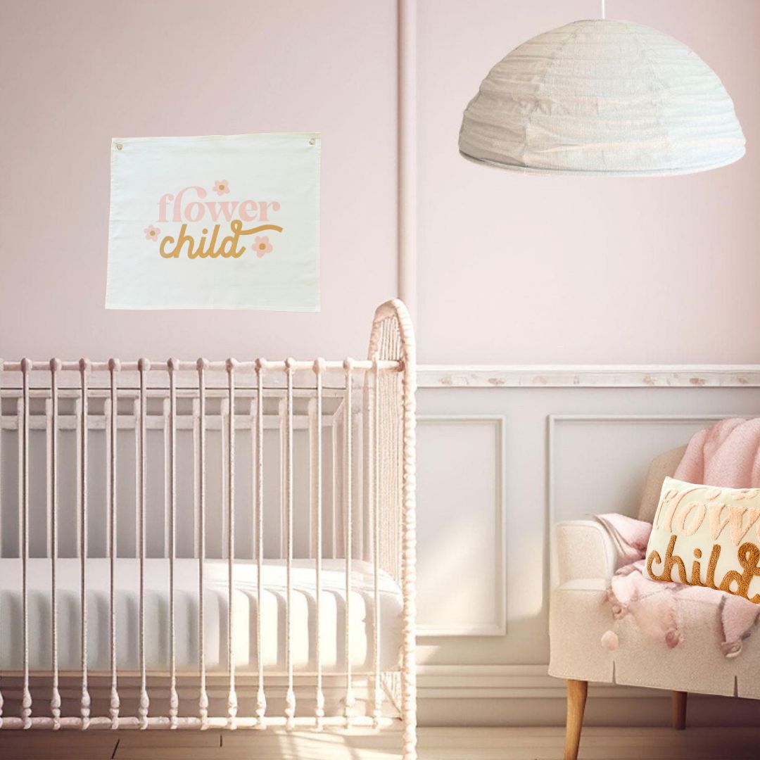 Wall Decor for little Girls Room, Flower Child saying to decorate walls in bedroom, printed on canvas with brass eyelets.