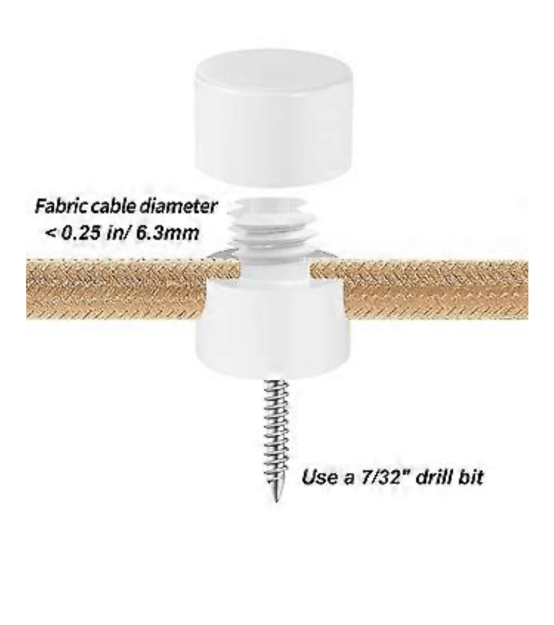 White cable holder for hanging linen light shades Swag style from ceiling or walls.