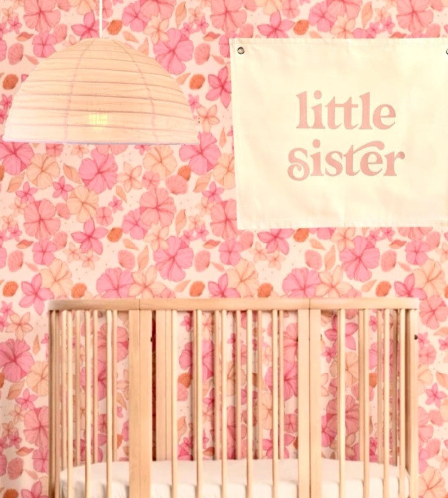 Canvas Little Sister wall hanging, for sisters nursery decor or bedroom. Pink Peach writing on Canvas. Hanging for babies room.