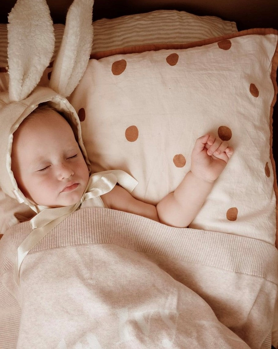 Pillow case in Bran and Pink Cotton Polka dot print for children's linen. Nursery decor.