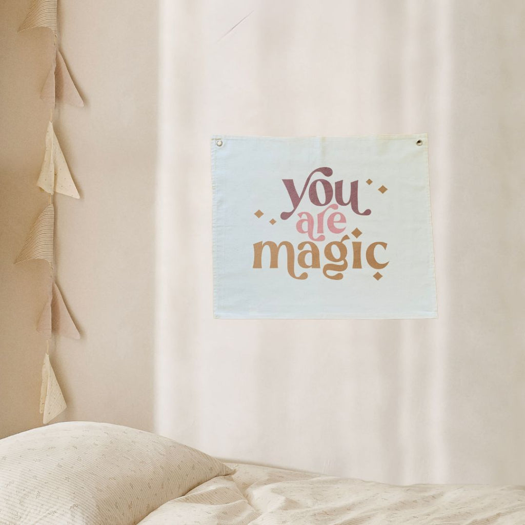 You are Magic Canvas wall hanging for little girls room decoration, Printed on Canvas in Pink, Peach and Bronze. Brass eyelets for easy hanging.
