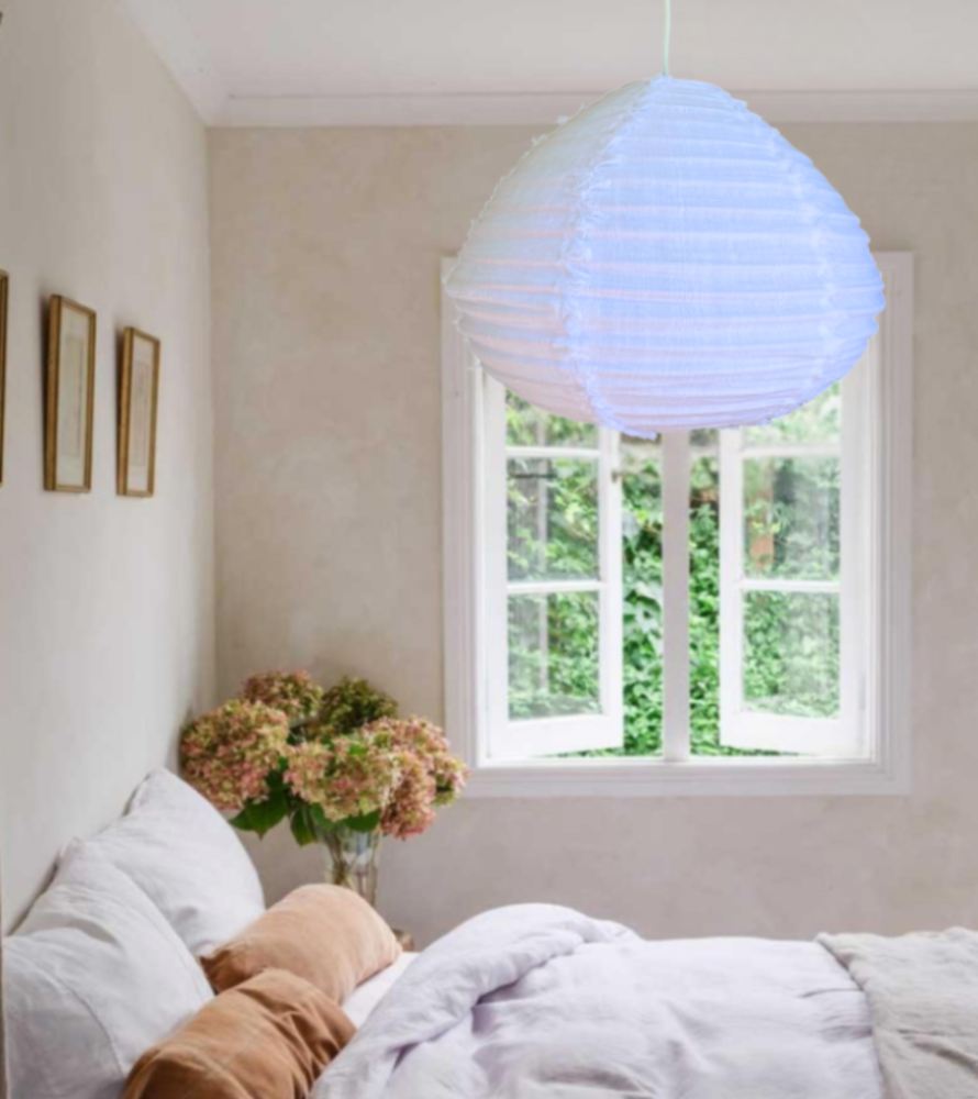 Snow white linen pendant light with fringe detail edge