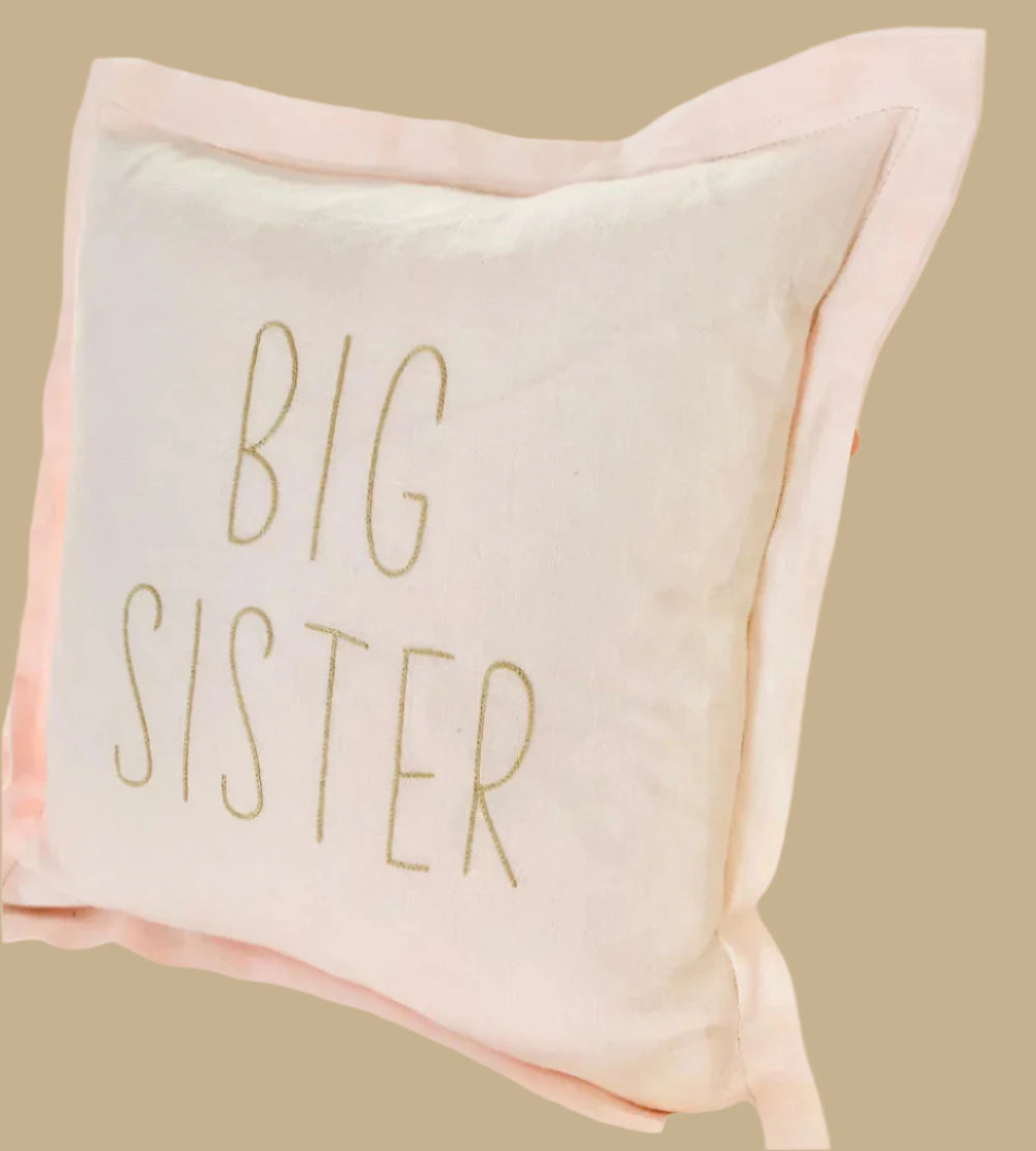 Big Sister Linen Cushion 40cmx40cm  Pale Pink Natural Embroidery Colour Flanged Edge Trim 