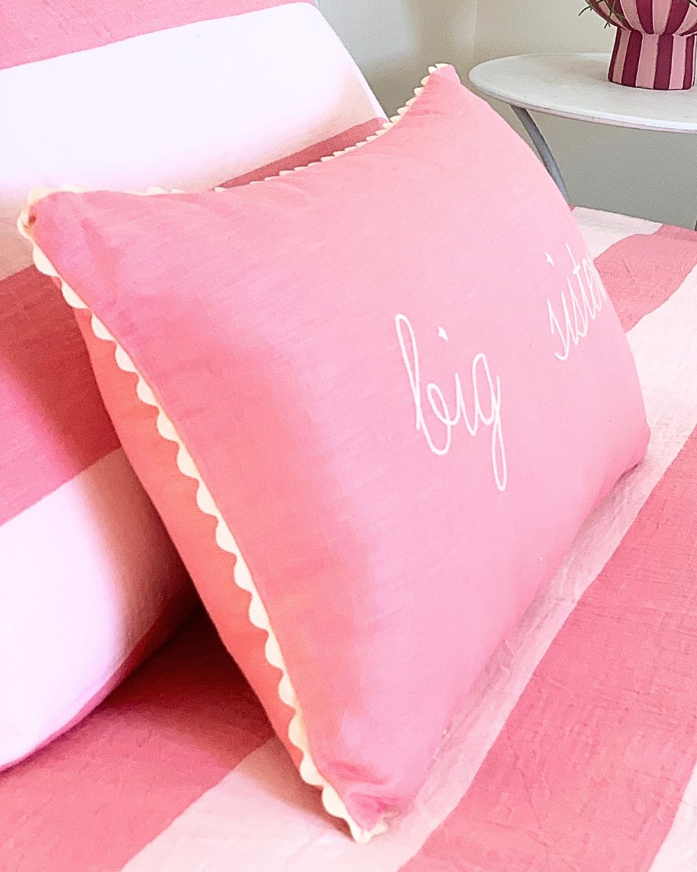 Pink Big Sister Cushion RicRac trim embroidery side view